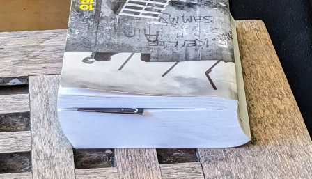 La couverture, vue à l'envers, livre posé sur une table en bois, de "Eureka Street" de Robert McLiam Wilson